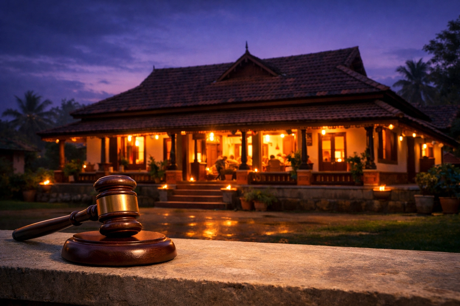 A judge’s gavel rests before an Indian home at twilight, symbolizing legal protection for private prayer meetings.