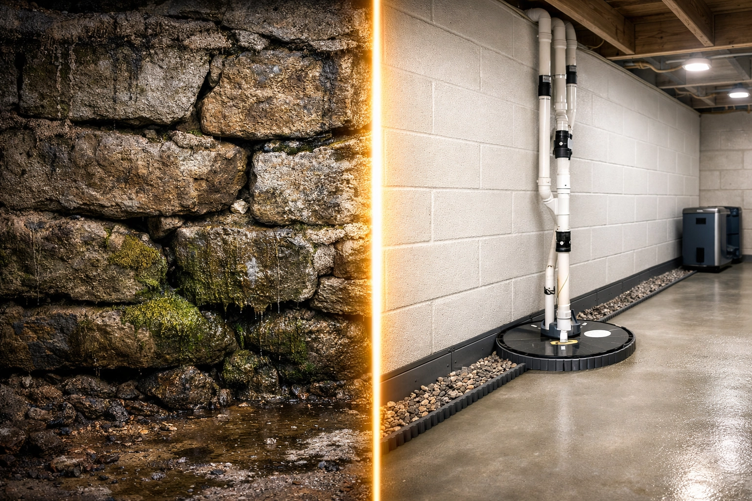 Comparing an old fieldstone foundation with a modern dry basement, key for any NH or VT home inspection.