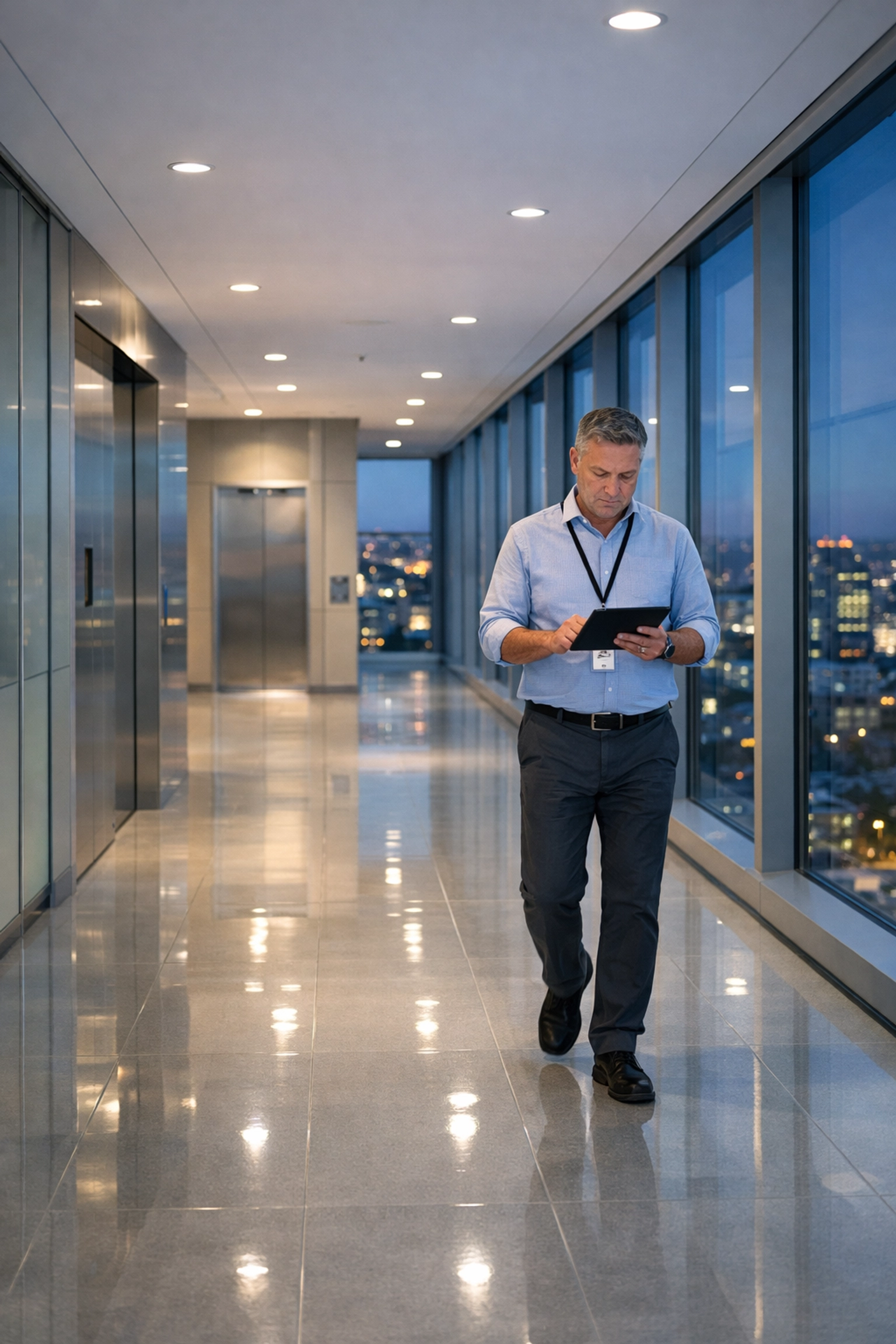 Facility manager reviewing data on tablet in modern commercial property hallway