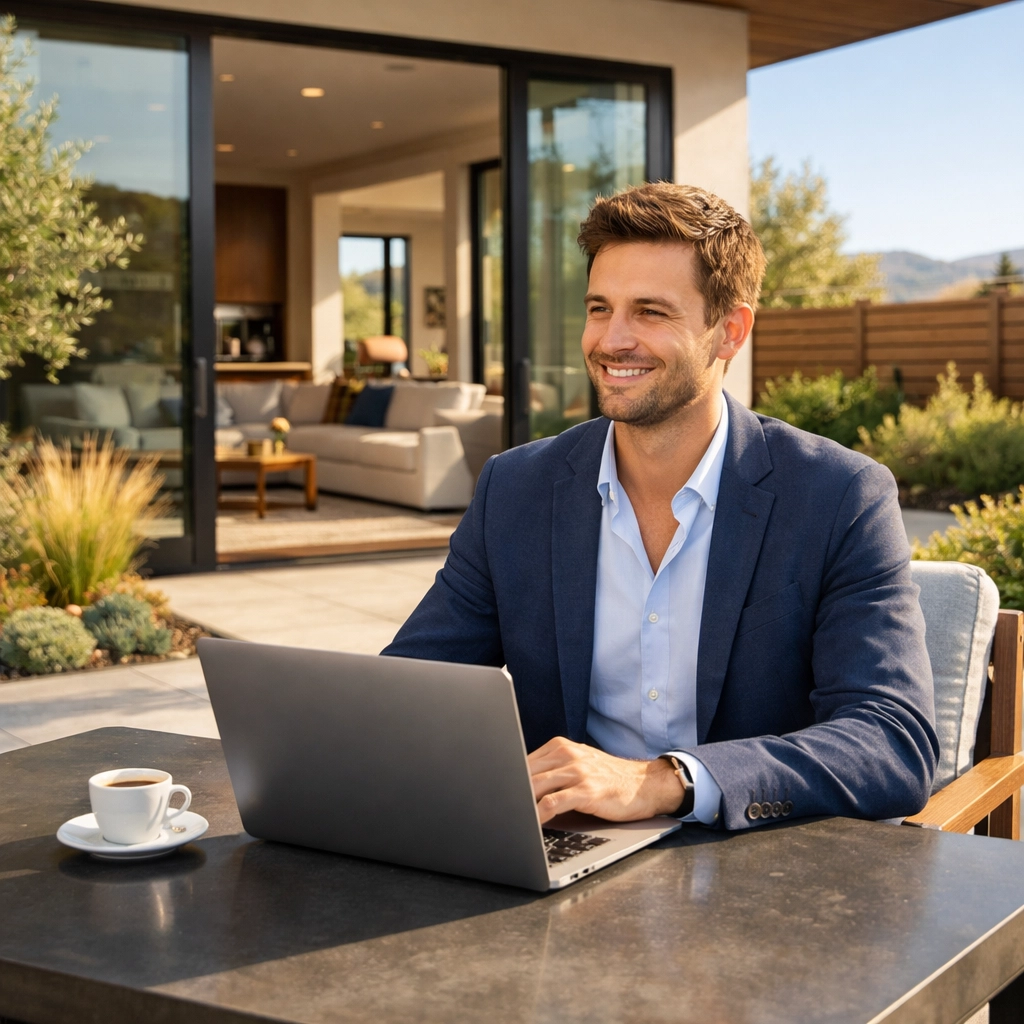 Modern South Bay luxury home patio staged to attract Silicon Valley buyers seeking a turnkey lifestyle.