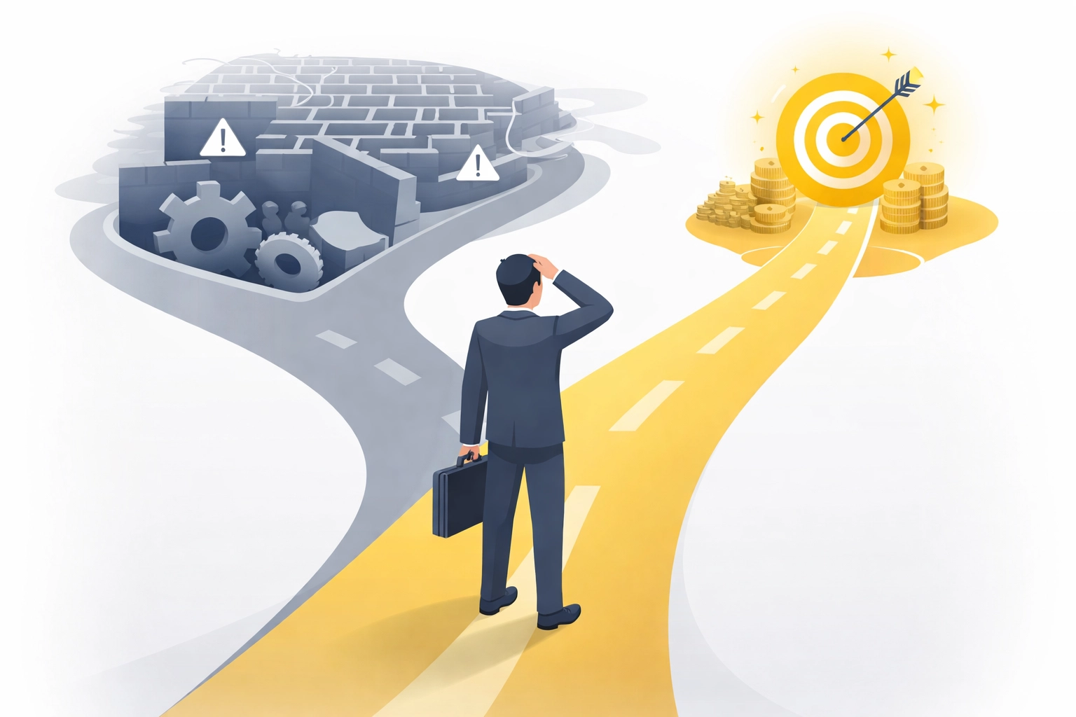 A business professional at a crossroads, choosing between webinar friction and a streamlined conversion path