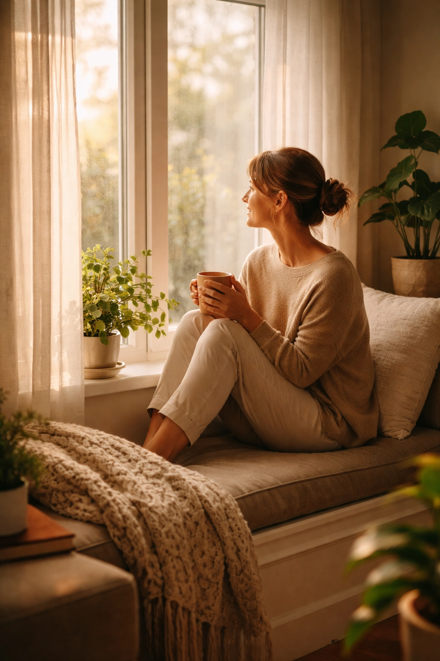 Parent enjoying a peaceful moment alone with tea, prioritizing mental health in a cozy home setting