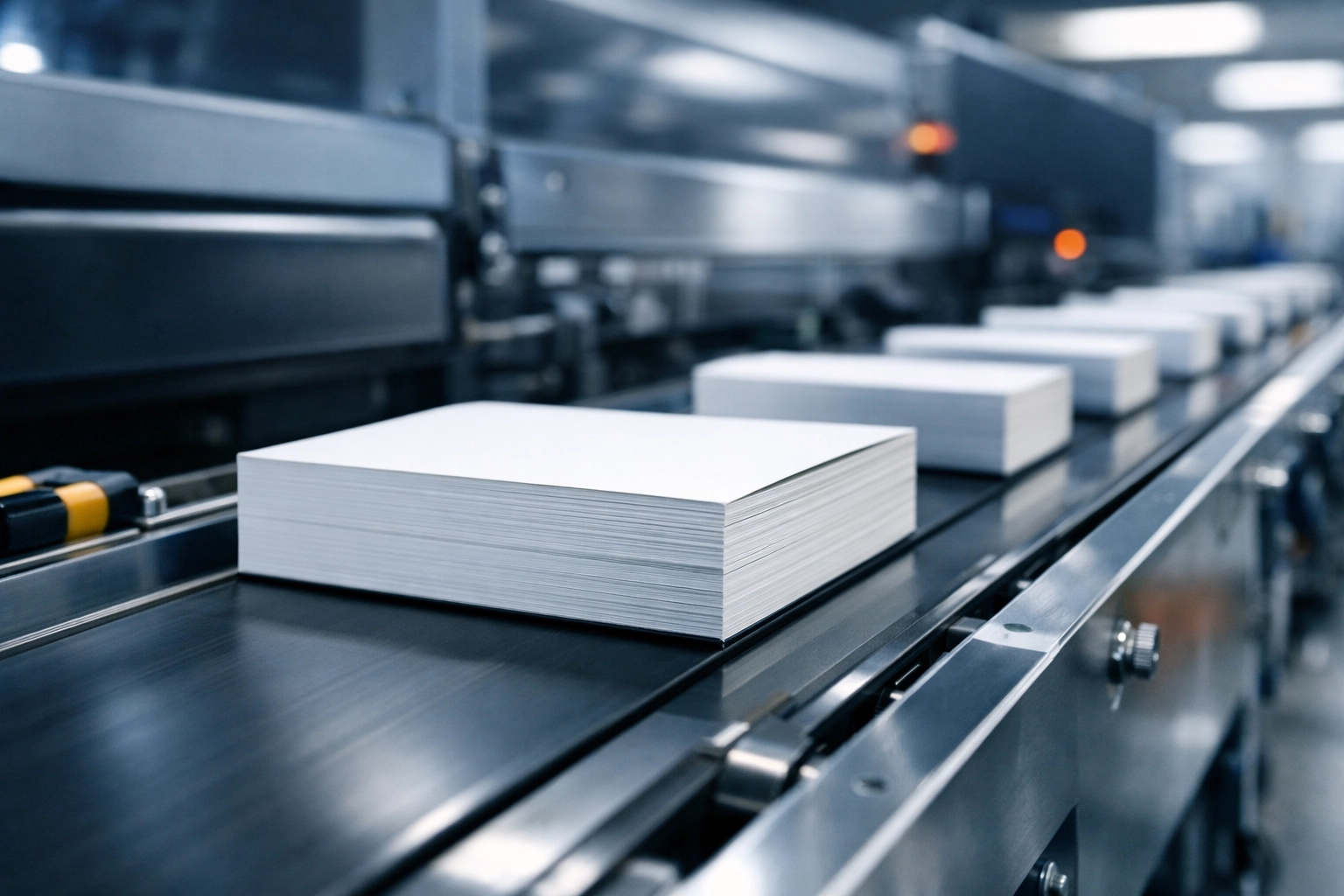 High-speed softcover book printing and perfect binding production line in a modern facility.