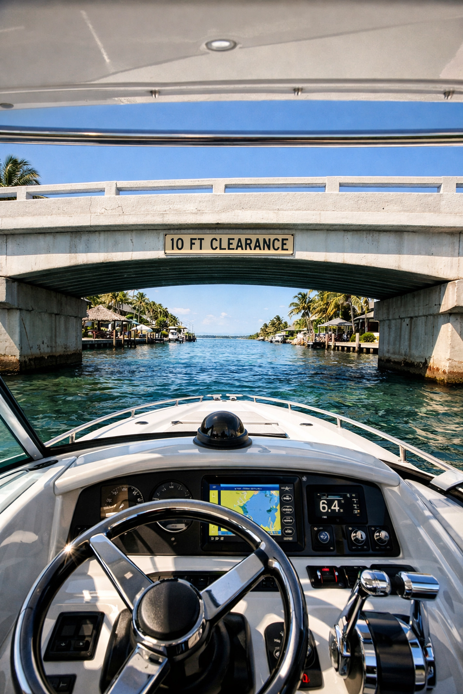 A boat navigating a canal bridge in Cape Coral, showing the importance of bridge clearance.