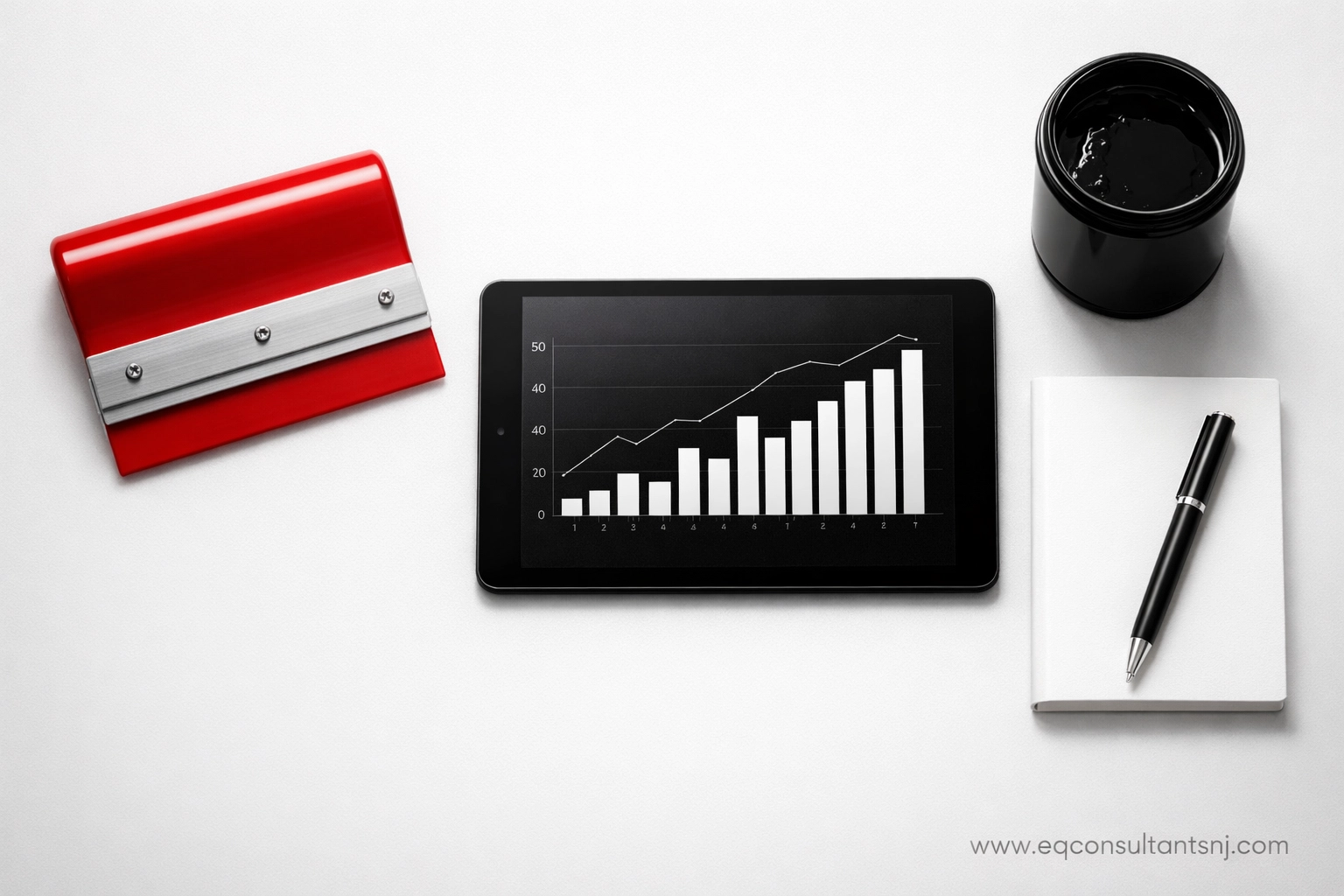 Financial data for screen printing shops displayed on a tablet next to a professional squeegee and ink.
