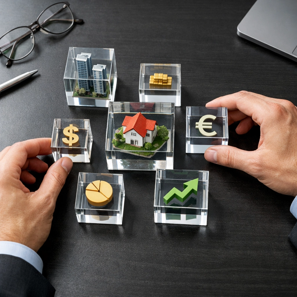 Portfolio manager arranging diverse asset classes for strategic risk mitigation and allocation