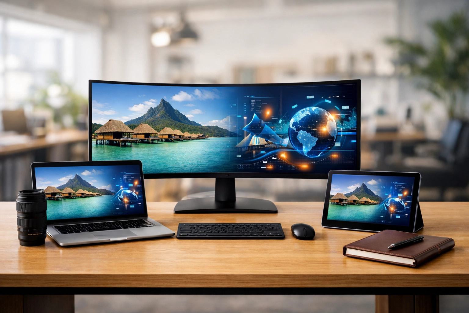Integrated digital marketing workspace showing cross-channel dashboards for agile media campaign execution