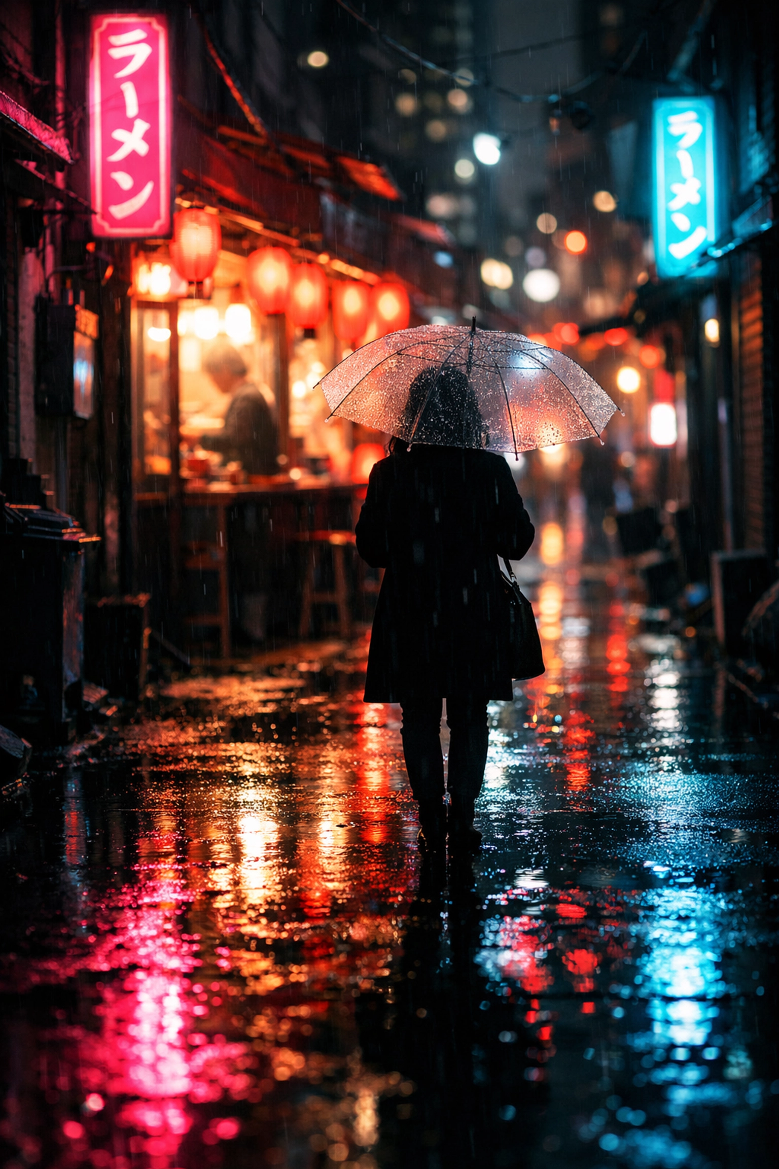 Silhouette in a neon-lit rainy alleyway reflecting pink and cyan light for street photography ideas.