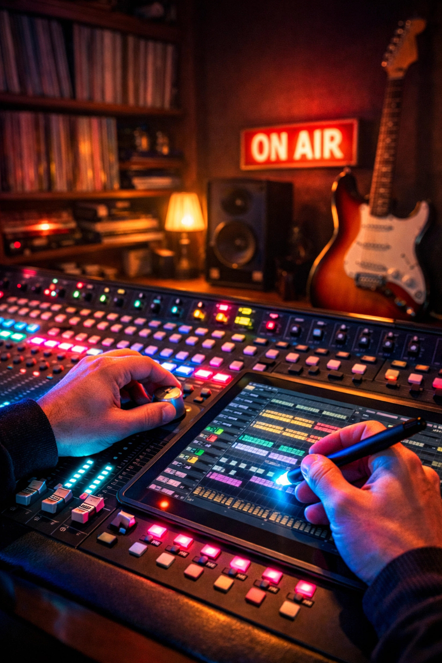 Music producer's hands working on a professional mixing console and digital tablet in a dimly lit studio.