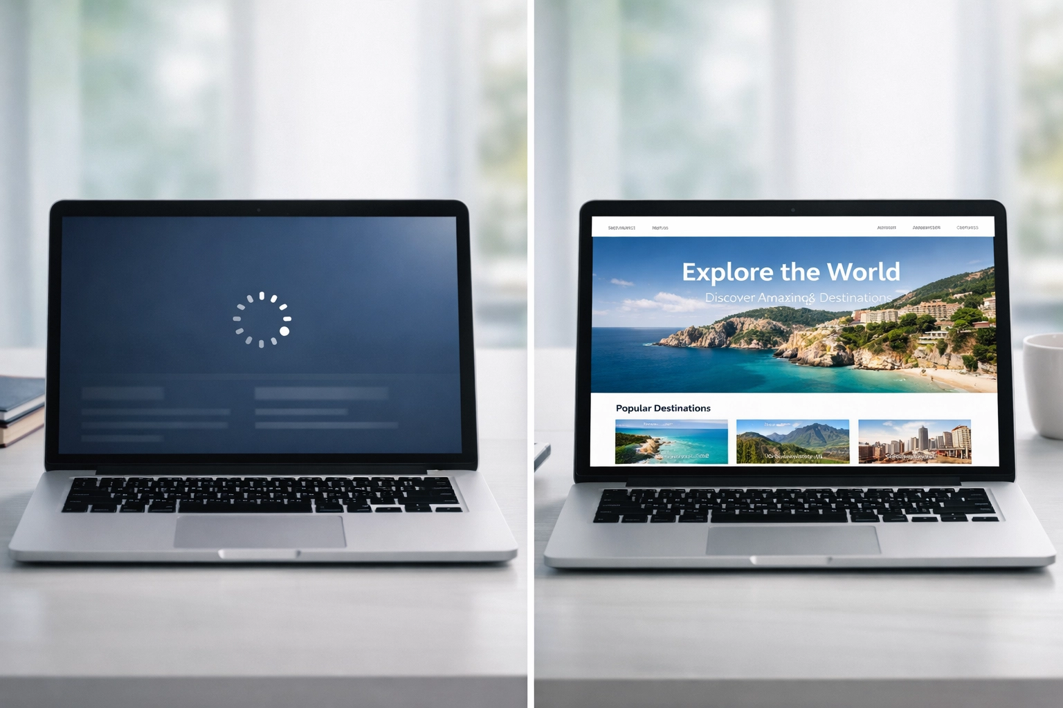 Website speed comparison showing fast-loading page versus slow website performance