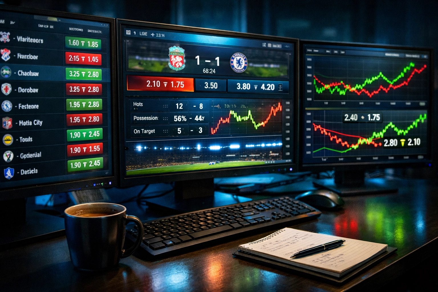 Sportwetten-Quoten Monitor zeigt fallende Odds und Live-Quotenbewegungen auf Bildschirmen