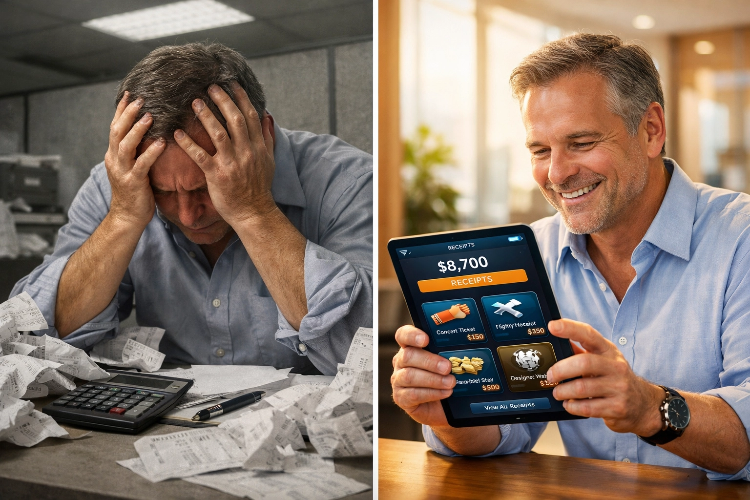 Business owner comparing old receipt chaos to organized NFT receipt system in digital wallet