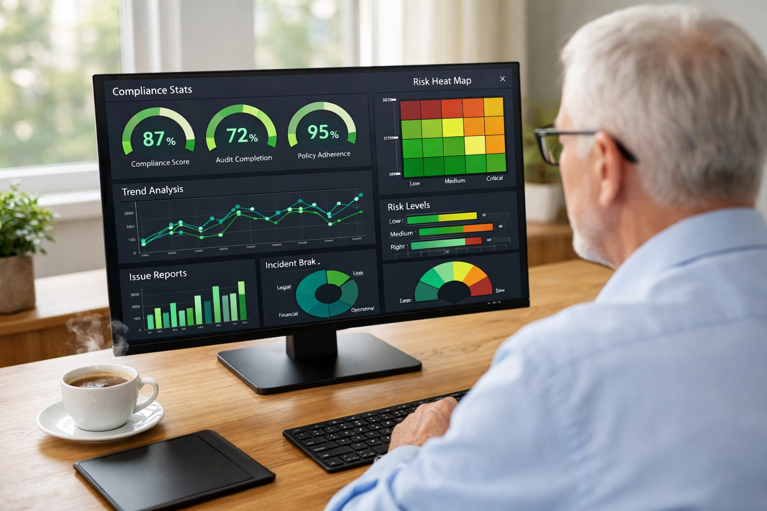 Compliance officer analyzing DORA risk management dashboards in ServiceNow for regulatory readiness.