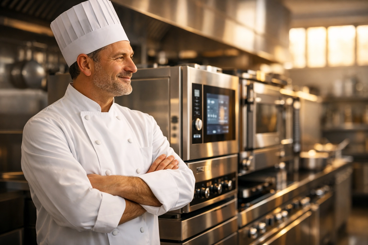 Head chef in a modern kitchen with high-tech appliances that improve efficiency and restaurant profit margins.