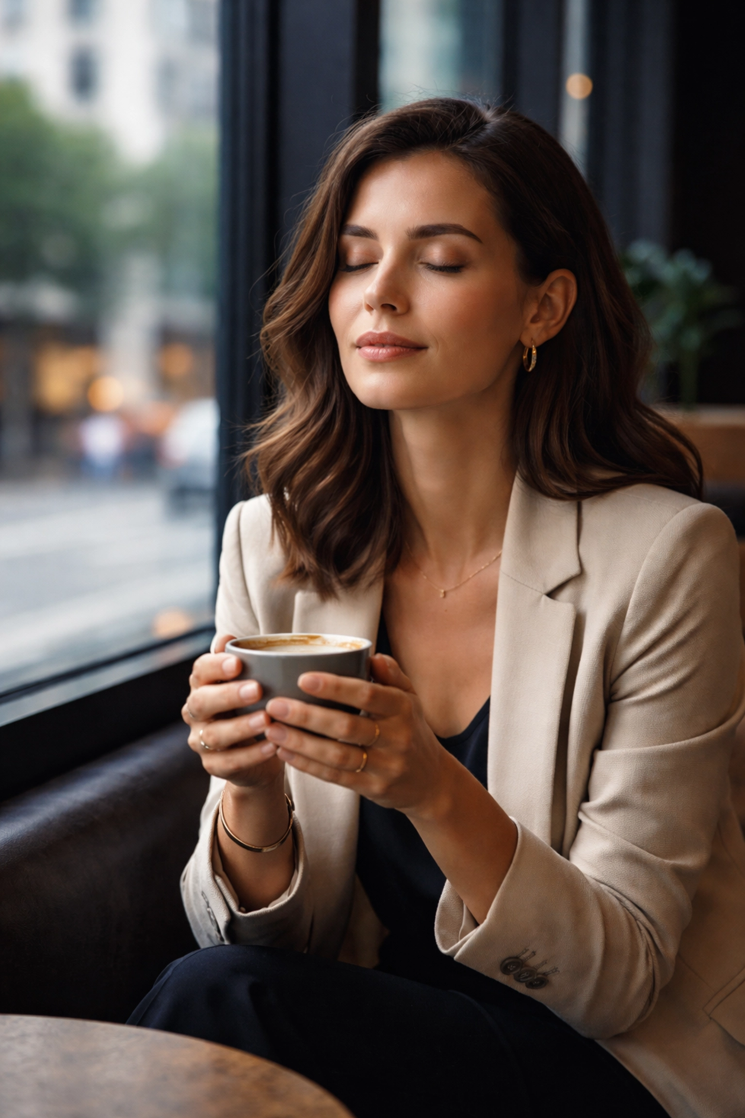 Professional woman in Brisbane café practicing mindfulness, relatable to busy local professionals.
