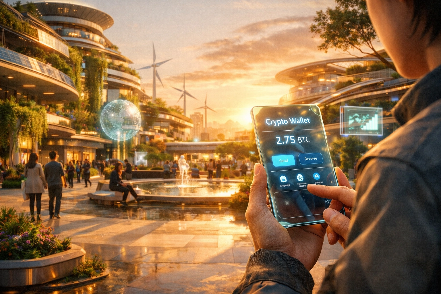 A person using a digital wallet for seamless, regulated crypto payments in a futuristic city setting.
