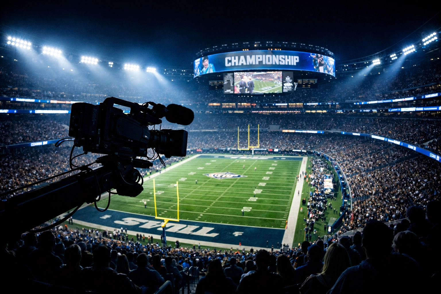 A professional football stadium at night representing the high stakes of Super Bowl TV advertising and NIL innovation.