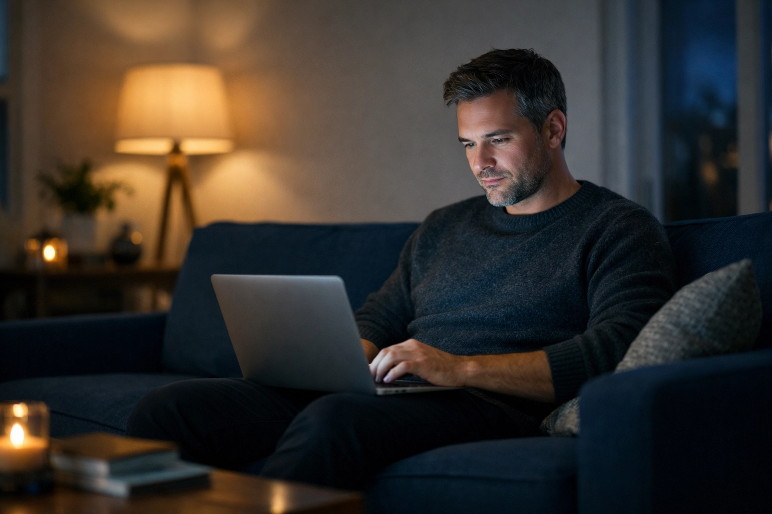 A man applying for a 24/7 online loan in Alberta from his living room laptop during the evening.