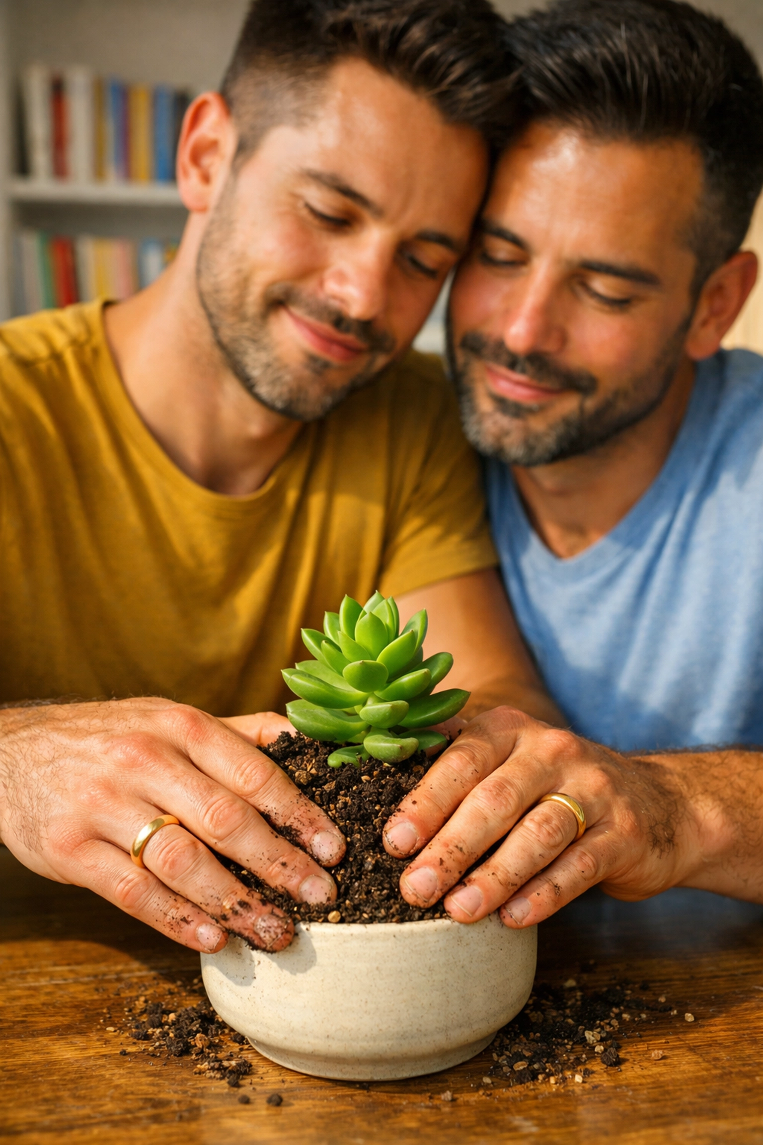 Gay couple nurturing a plant, symbolizing long-term financial growth and retirement planning for queer investors.