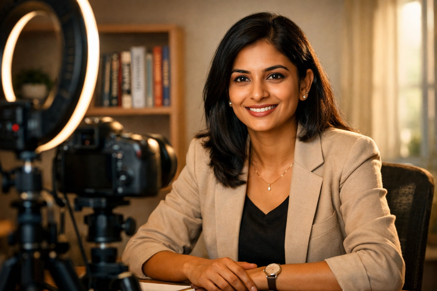 Confident female entrepreneur in India recording professional video content for her bootstrapped startup.