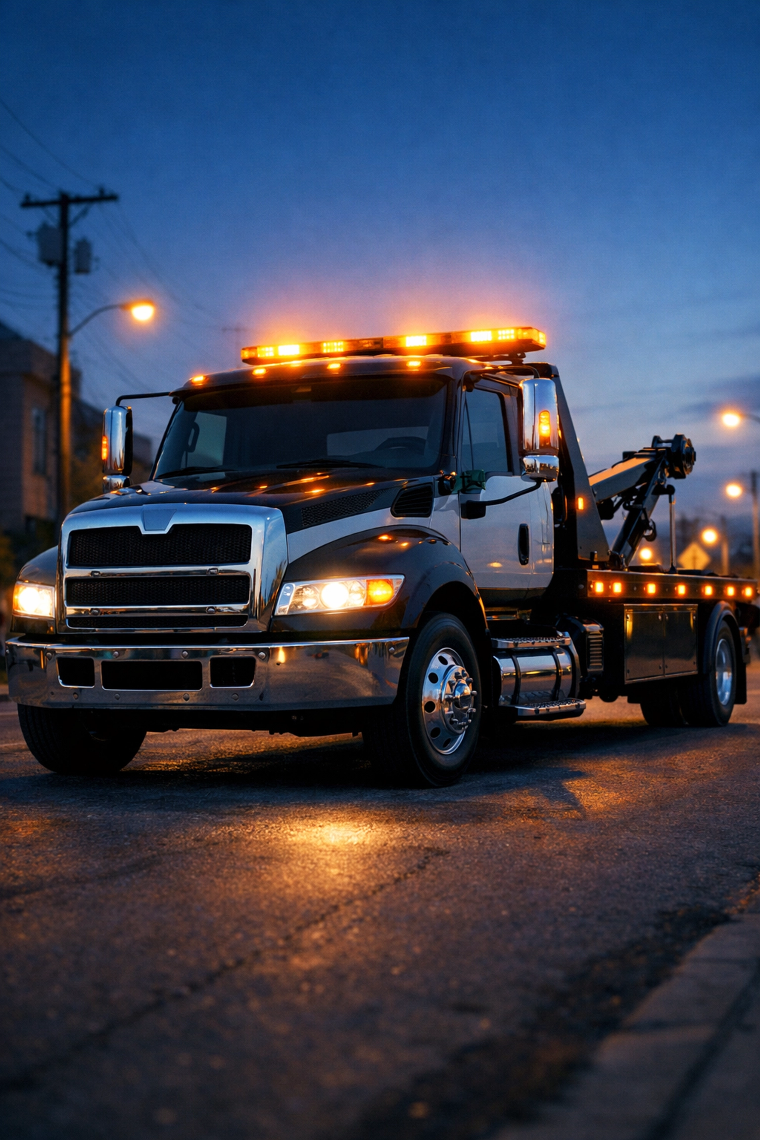 Emergency tow truck with lights ready for 24/7 roadside assistance and local service calls