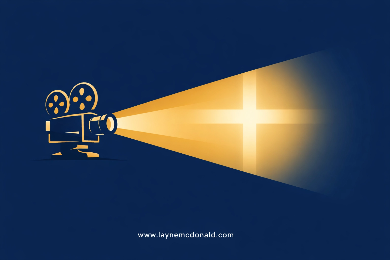 Minimalist vector of a cinema projector with a light beam forming a cross for faith-based movie reviews.