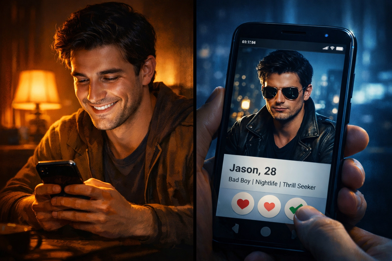 Man texting on phone with different profile picture showing online secret identity in MM romance