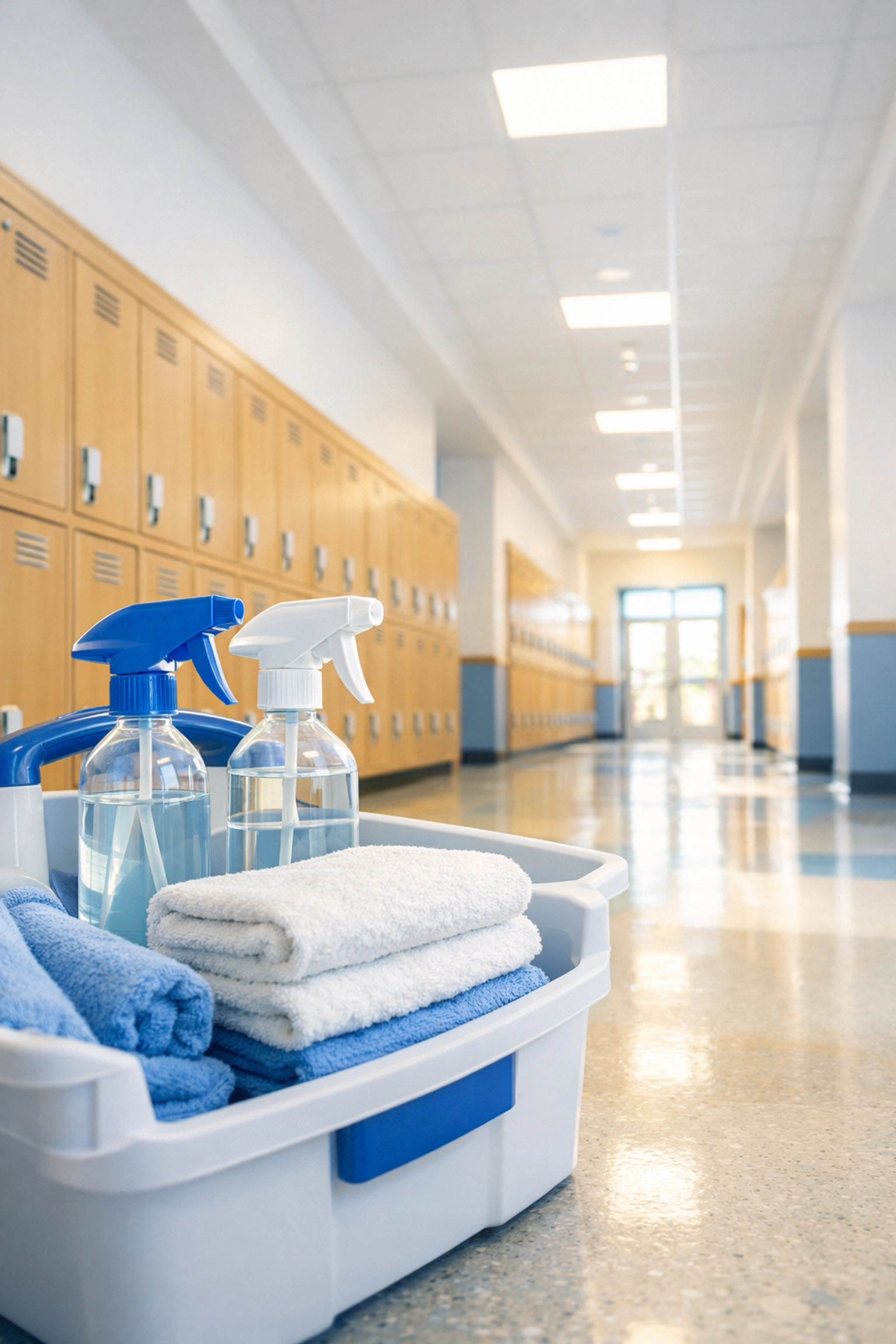 Eco-friendly cleaning supplies in a bright, spotless private school hallway in Andover.