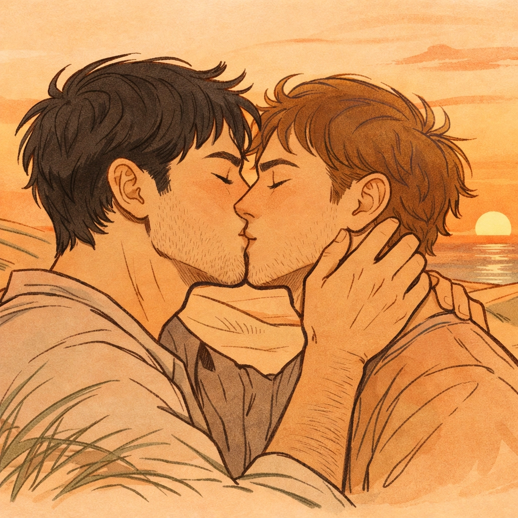 Gay romance at Maspalomas: two men kissing at sunset on Gran Canaria sand dunes