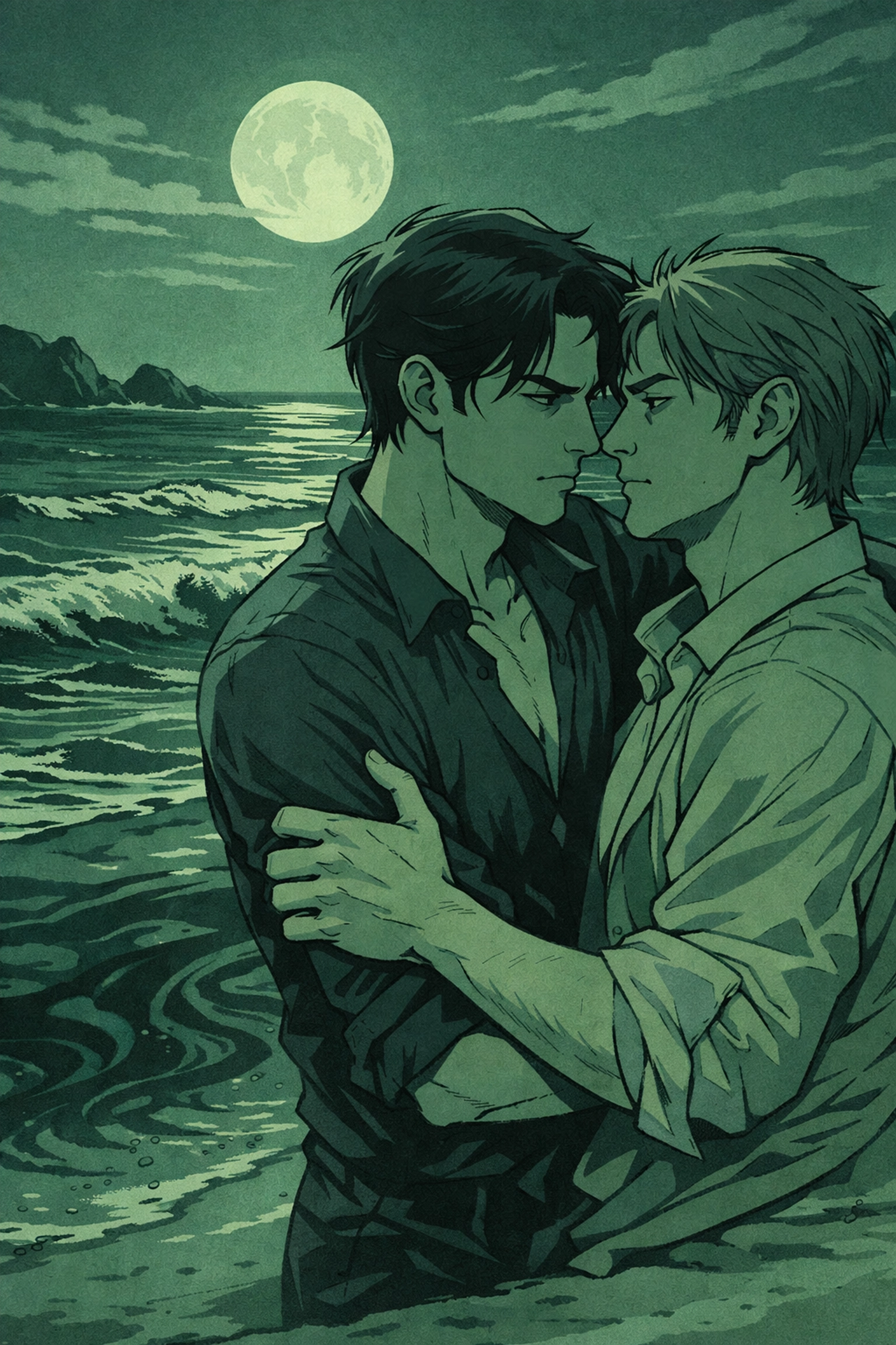 MM couple in tense embrace on moonlit beach representing possessive love dynamics