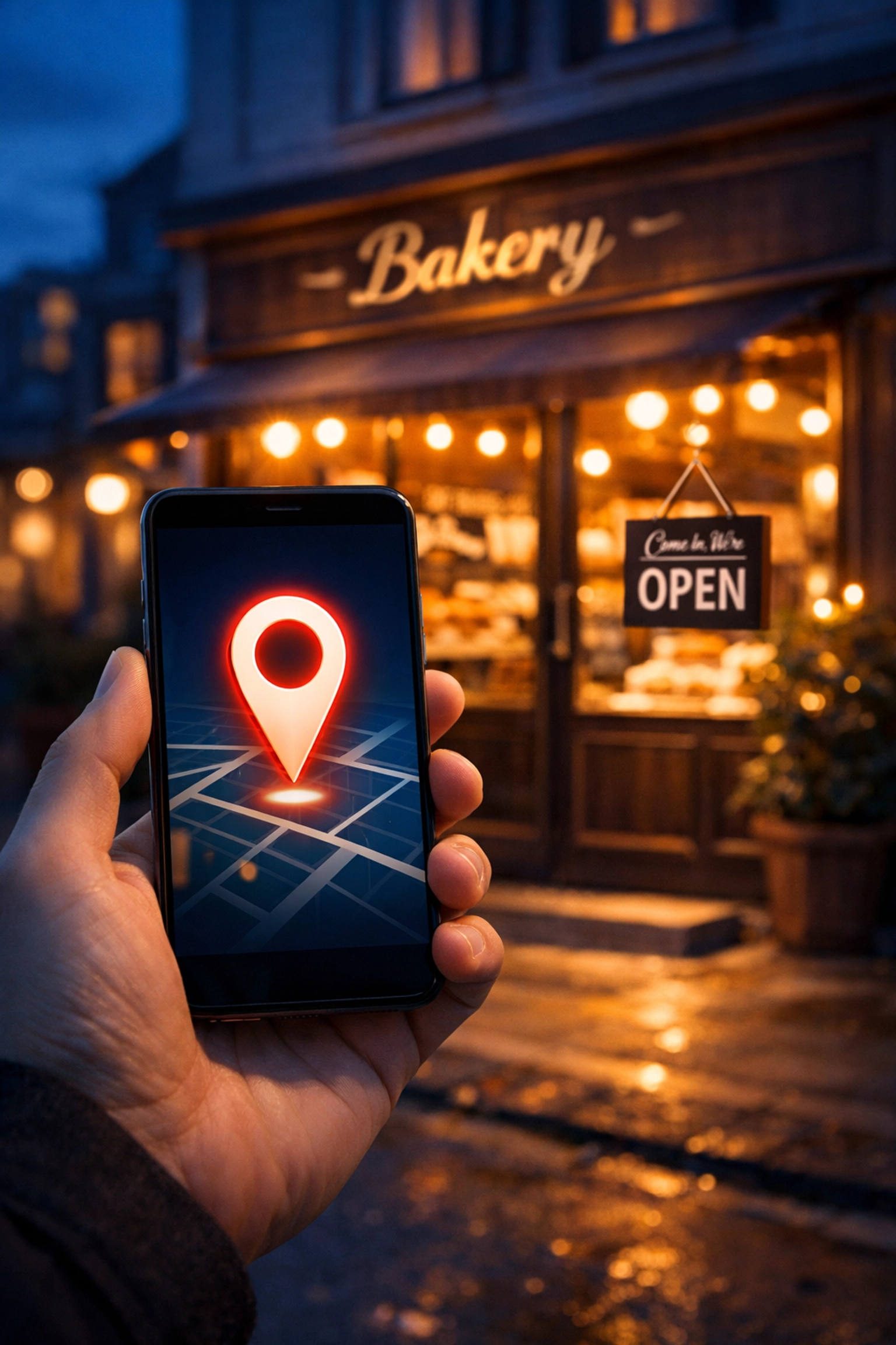 Smartphone showing an accurate local business map pin in front of a real artisanal bakery.