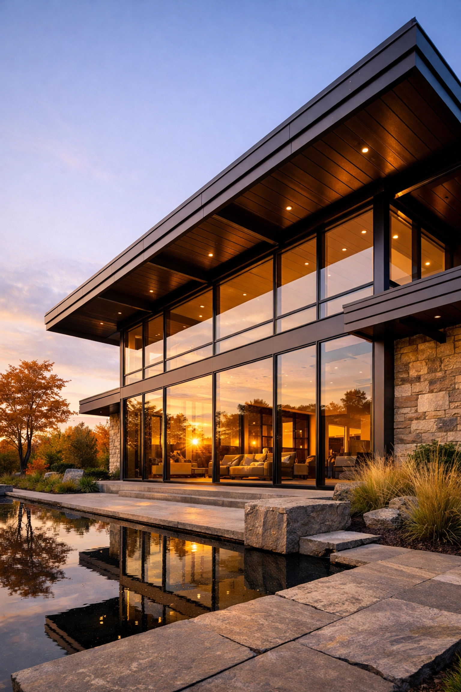 Modern luxury home in Ontario featuring passive solar design and energy-efficient large windows.