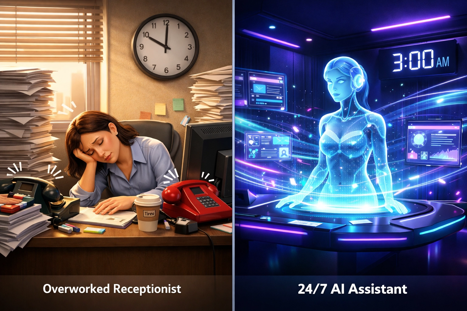 Traditional receptionist vs AI automation agency working 24/7 without breaks