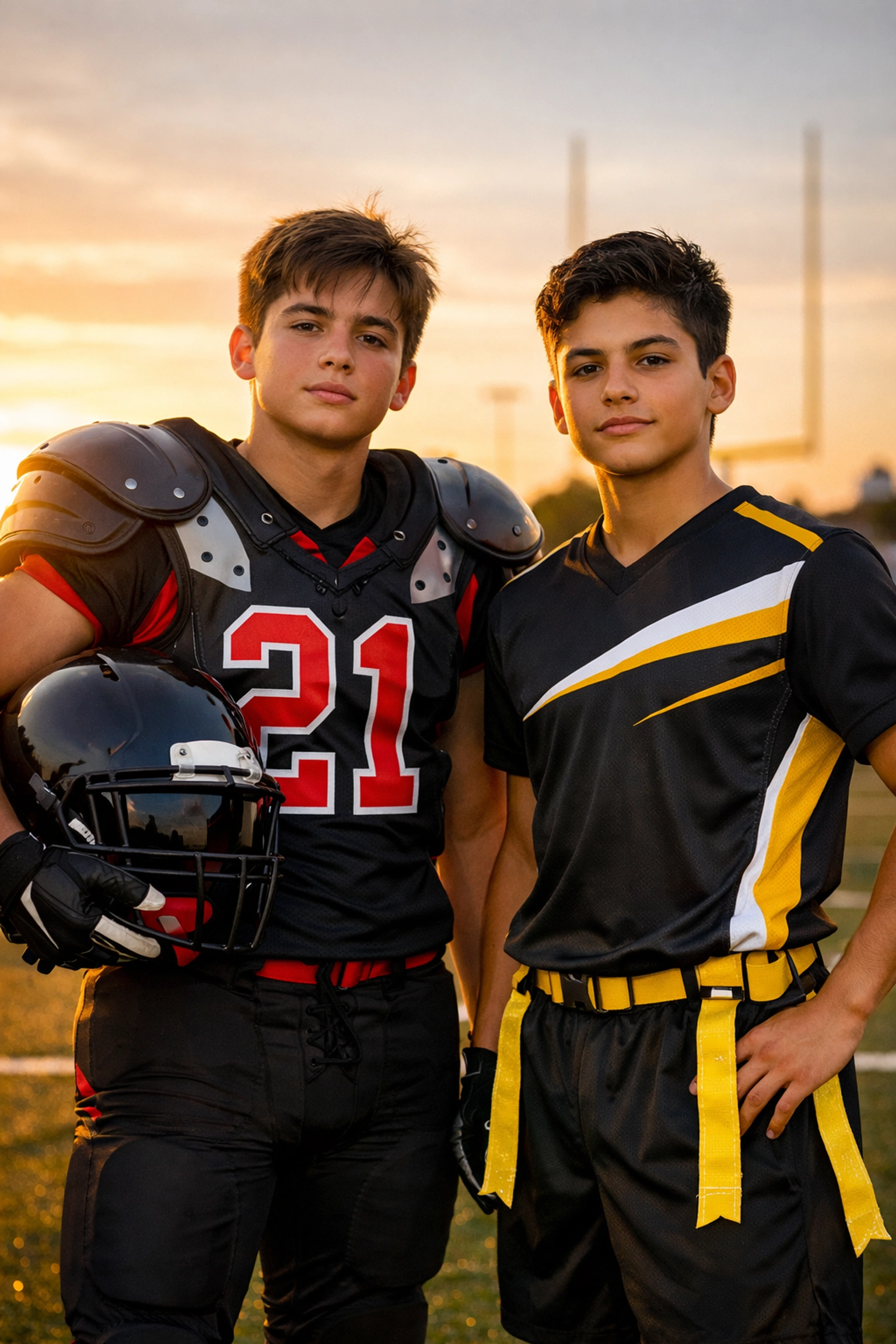Youth flag and tackle football quarterbacks standing together on a field in Ottawa.