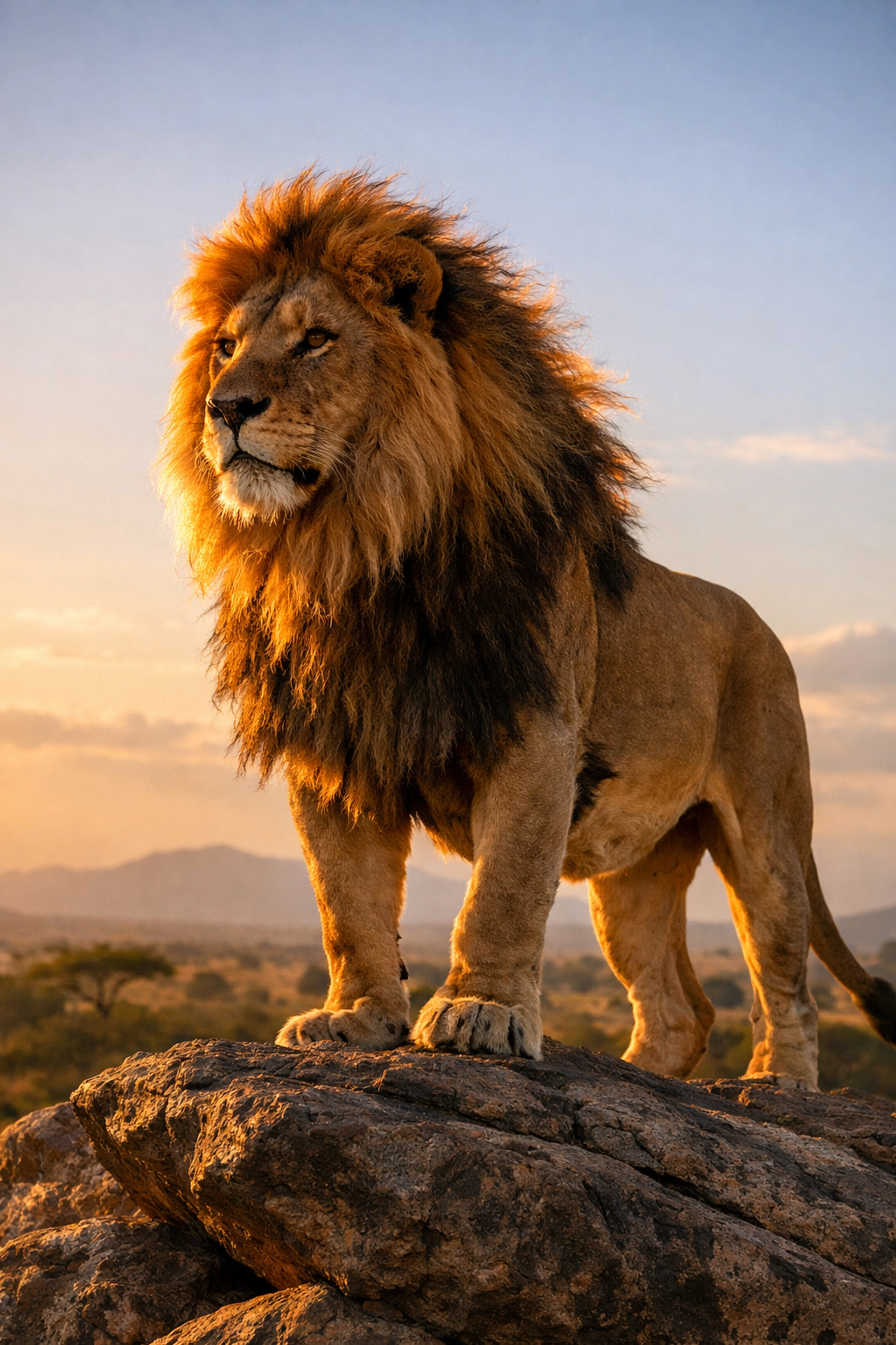 Majestic male lion on a rock, representing powerful conservation branding and ESG-aligned stock imagery.