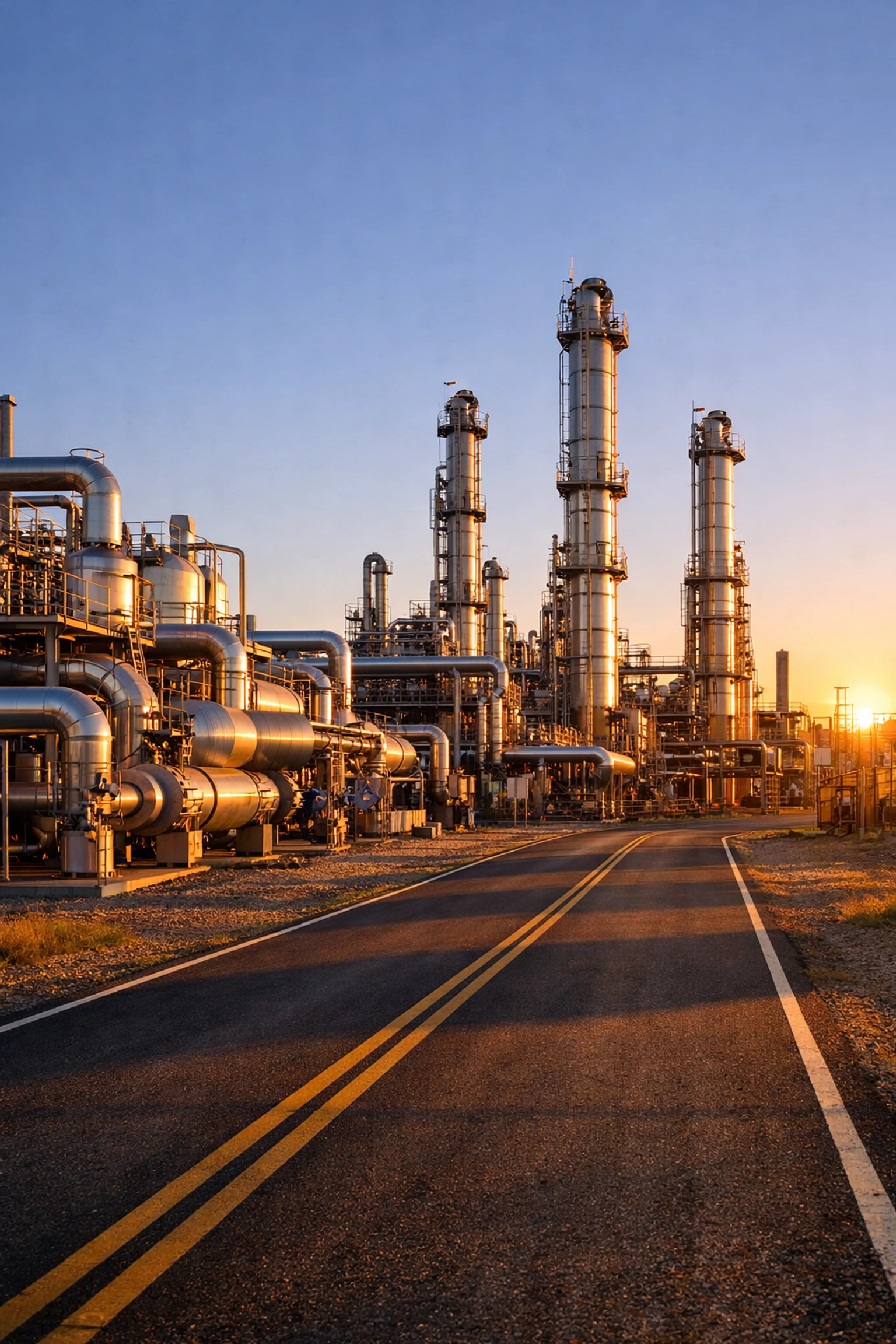 Natural gas facility with metallic pipes and columns, symbolizing domestic energy security and the US defense-first budget.