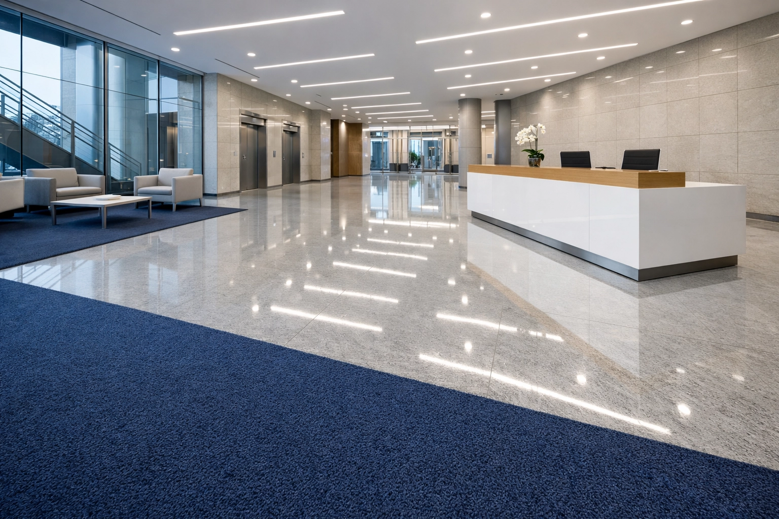 A spotless Edinburgh corporate lobby with clean carpets and polished floors, demonstrating expert commercial cleaning.