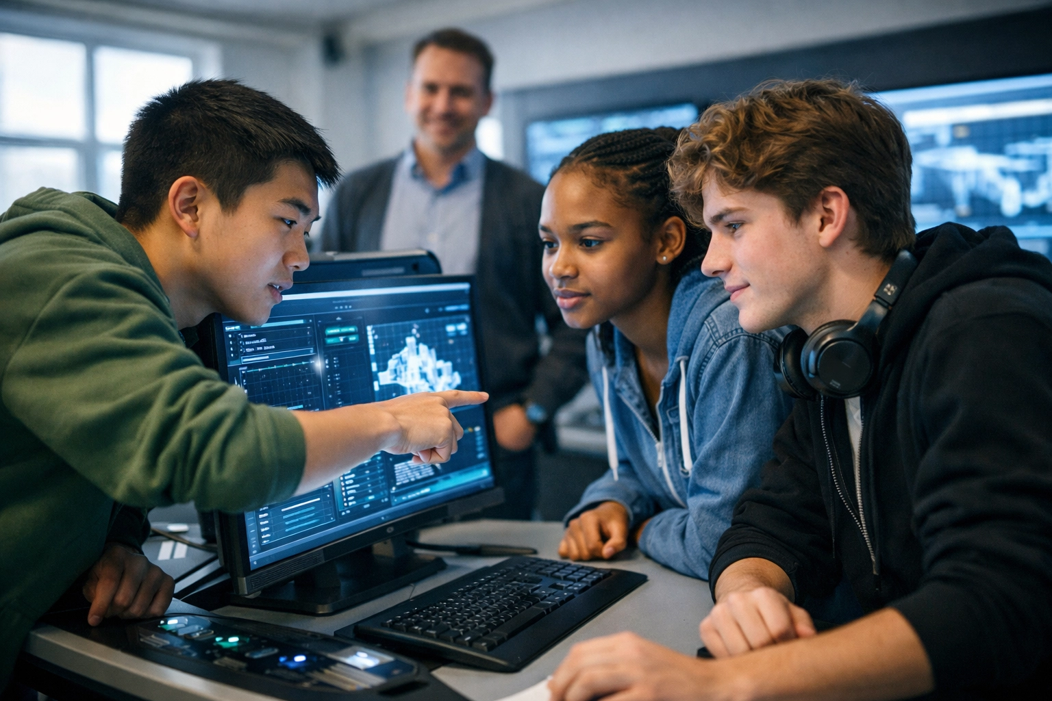 High school students in a modern simulation lab using Dakdan Worldwide esports pods for STEM education.