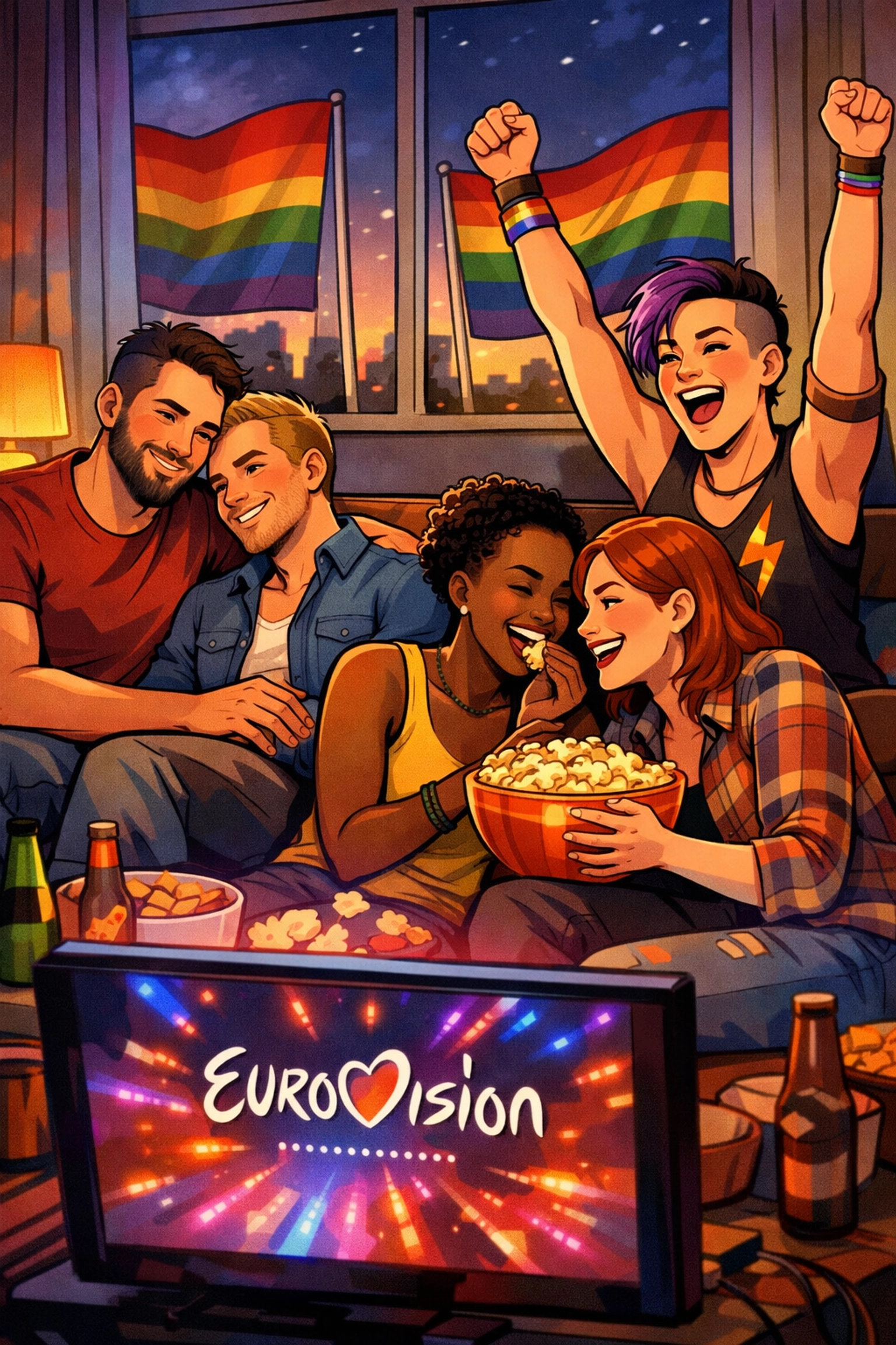 Diverse LGBTQ+ community watching Eurovision together at home with rainbow flags representing shared celebration