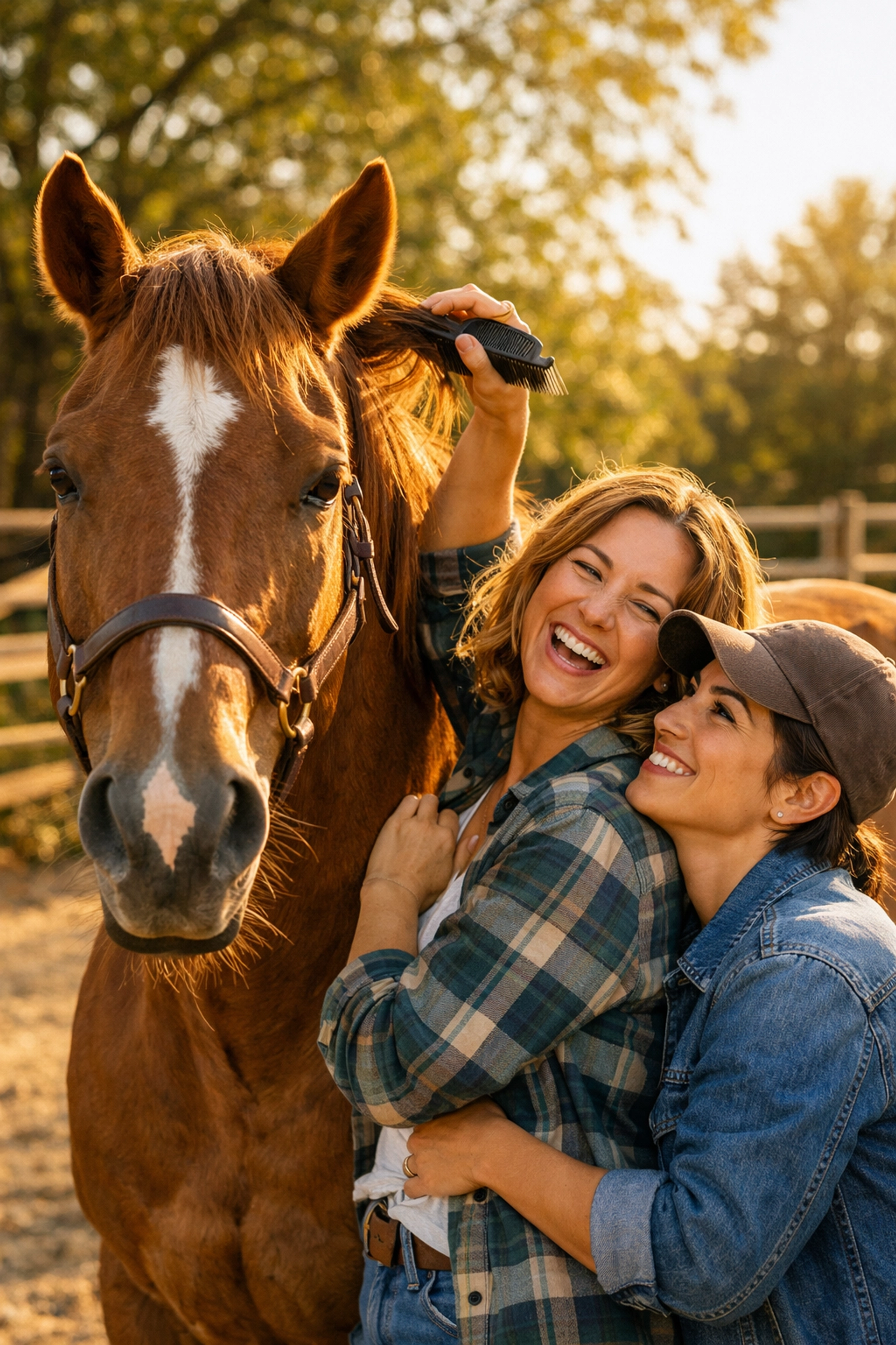 A lesbian couple laughing while grooming a horse together, celebrating the queer experience.
