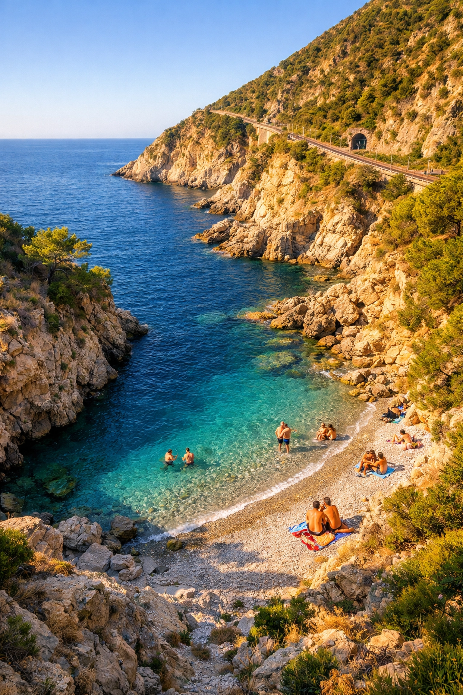 Aerial view of secluded Platja de l'Home Mort nudist beach in Sitges with coastal hiking trail