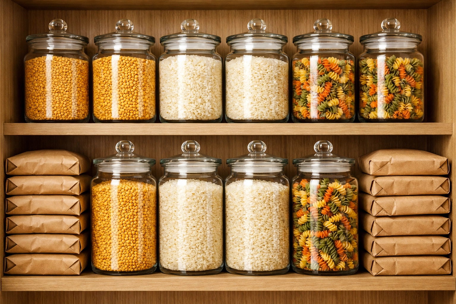 An organized kitchen pantry with glass jars of bulk staples like rice and pasta to reduce monthly expenses.