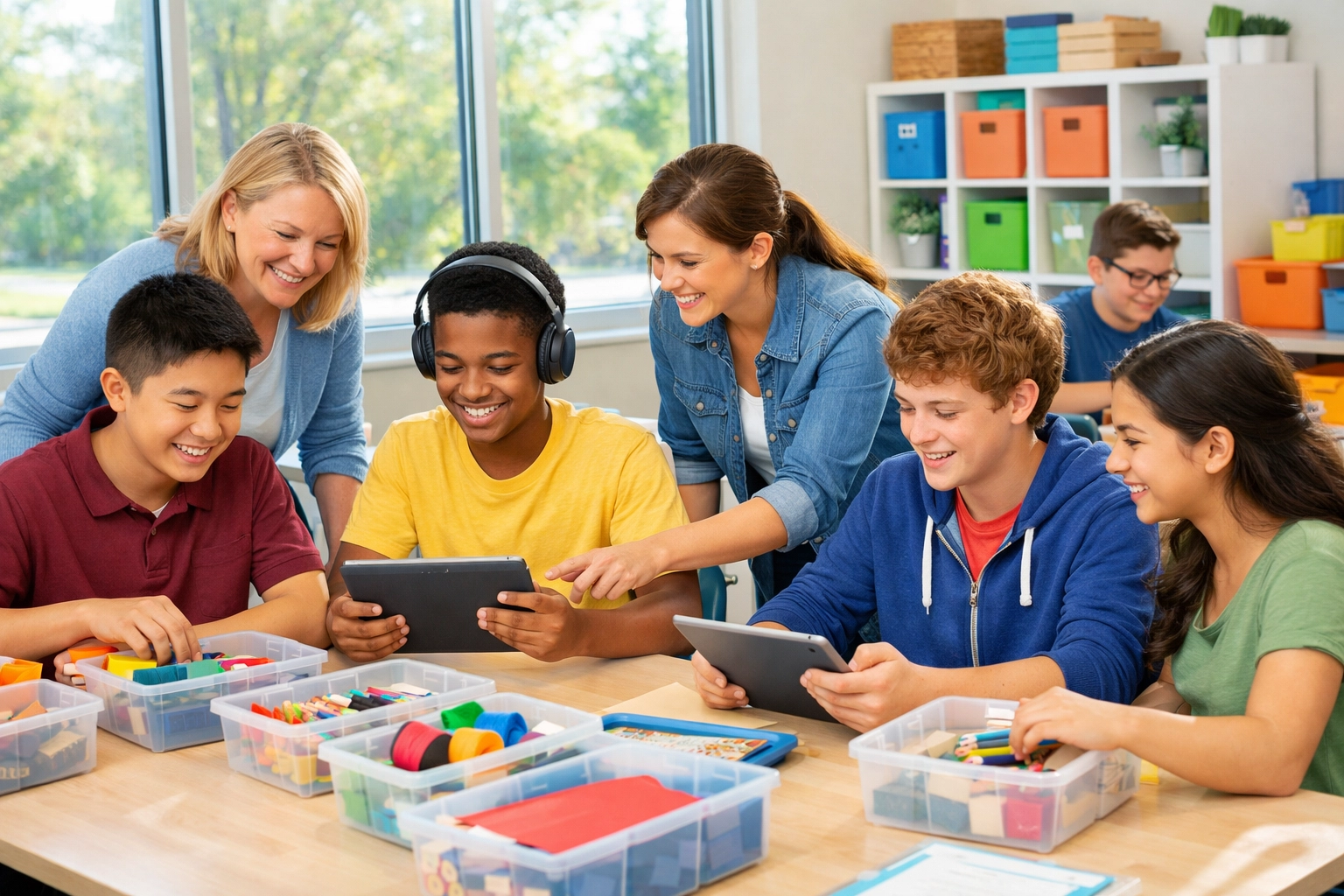 Teens with autism learning vocational skills in an autism life skills program classroom