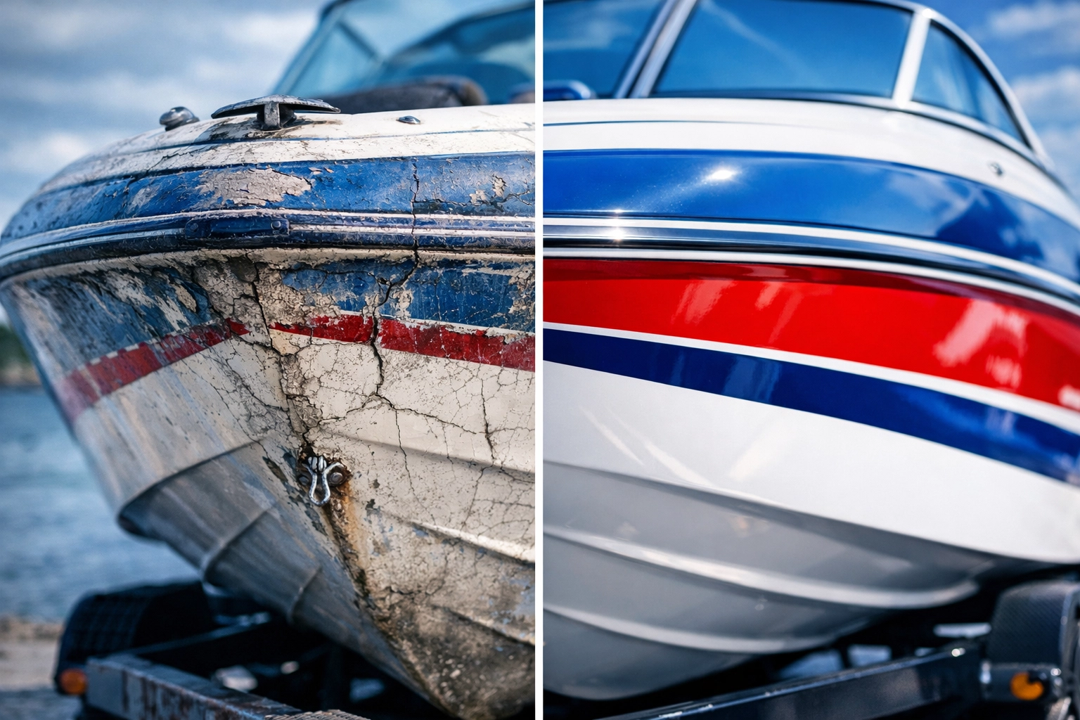 Boat hull before and after repair showing Oklahoma weather damage restoration