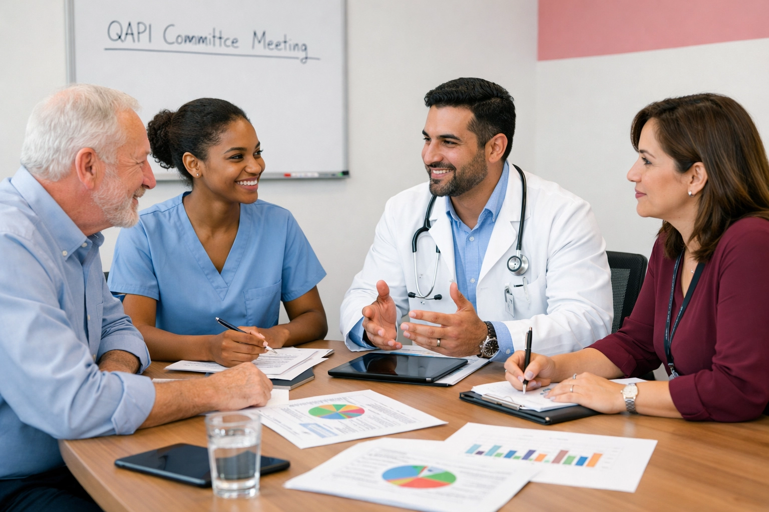 QAPI committee meeting with diverse healthcare staff discussing quality improvement projects