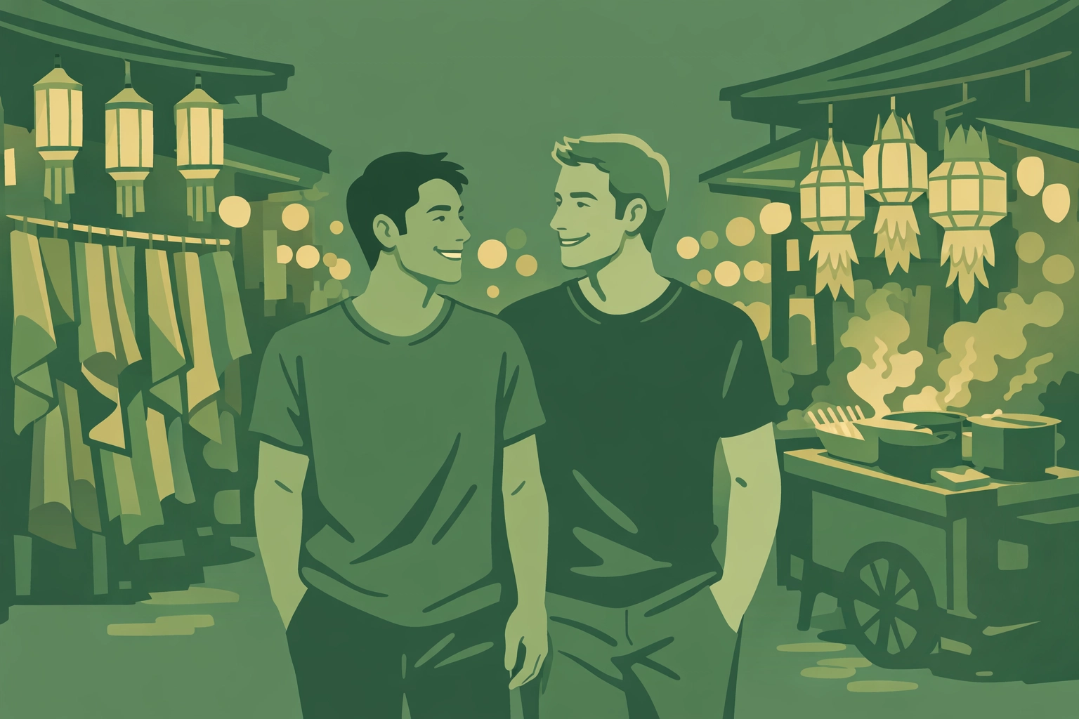 Two men exploring vibrant Bangkok night market together