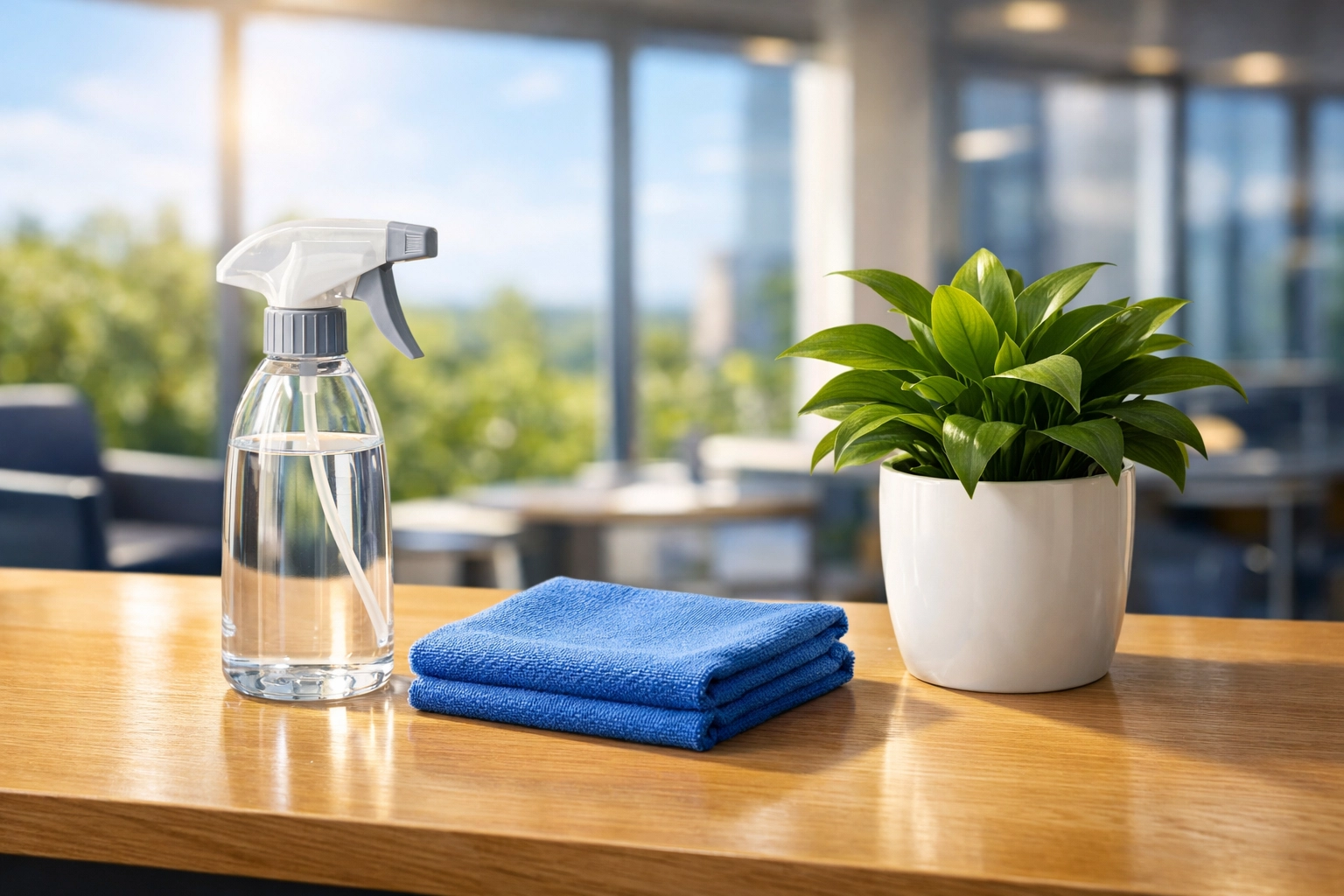 Eco-friendly commercial cleaning Walpole supplies on a modern, sun-drenched office desk.