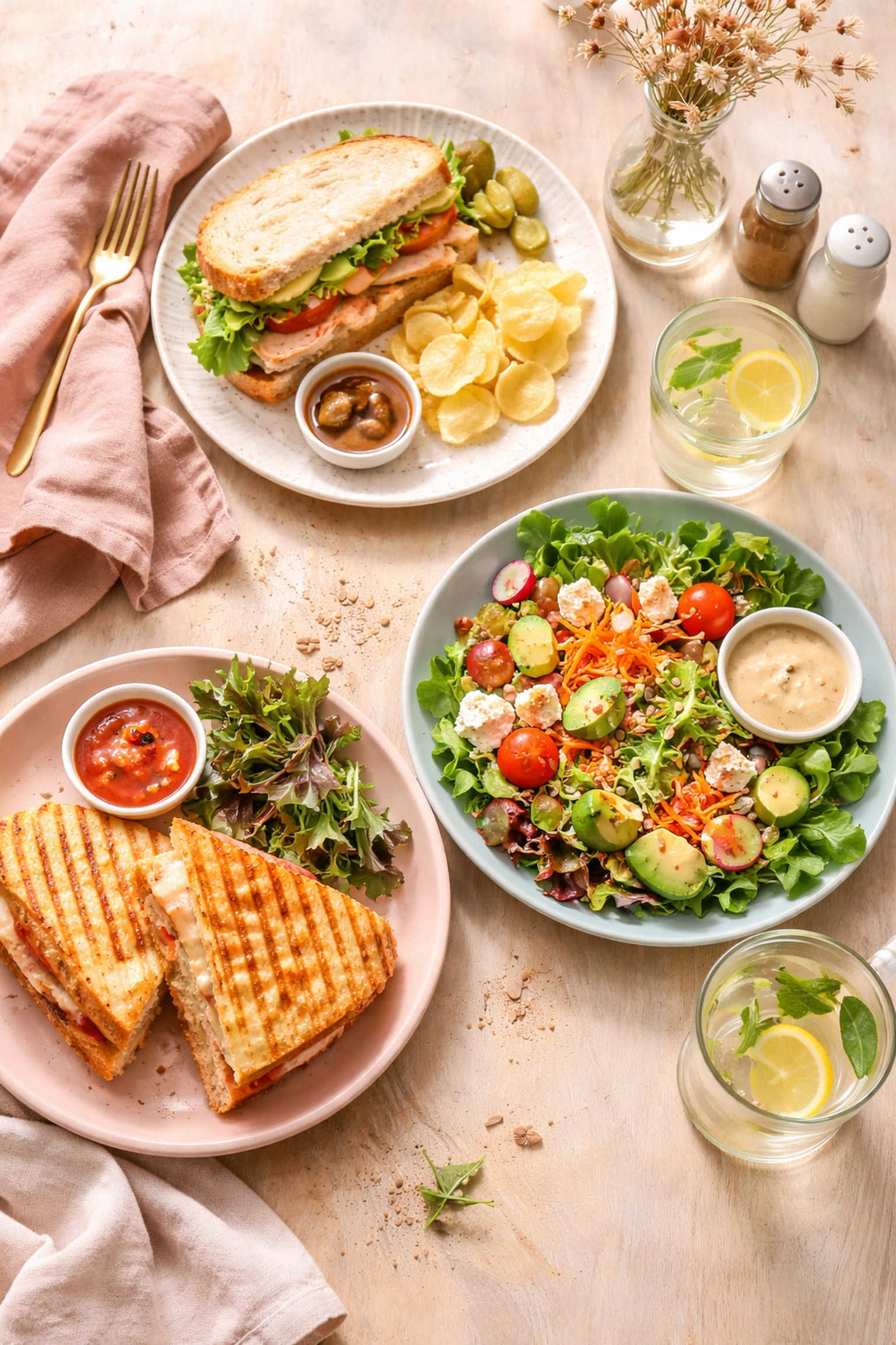 Cafe lunch spread with hearty sandwich, toasted panini, and fresh salad, highlighting the best lunch Felixstowe offers