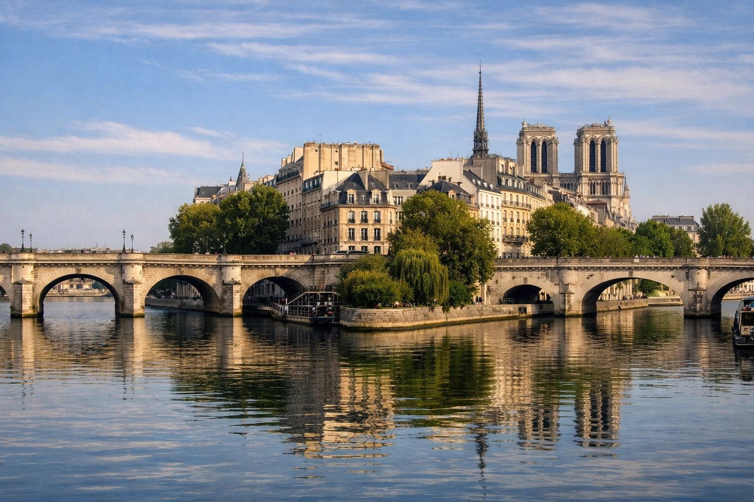 Historic buildings and Seine River at Île de la Cité, a classic photo spot in central Paris.