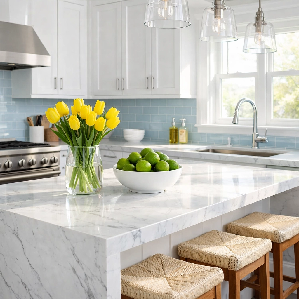 Sparkling clean kitchen in Harvard featuring marble countertops and eco-friendly house cleaning results.